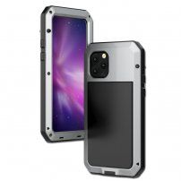 Superodolné puzdro z kovu, silikónu a tvrdeného skla pre iPhone 11 Pro – strieborné