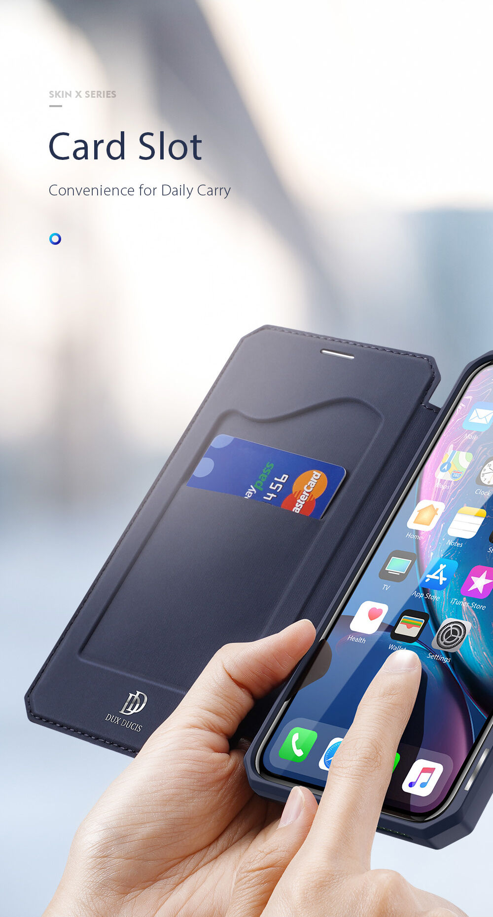 Dux Ducis flipové puzdro so slotom na karty pre iPhone XR - modré