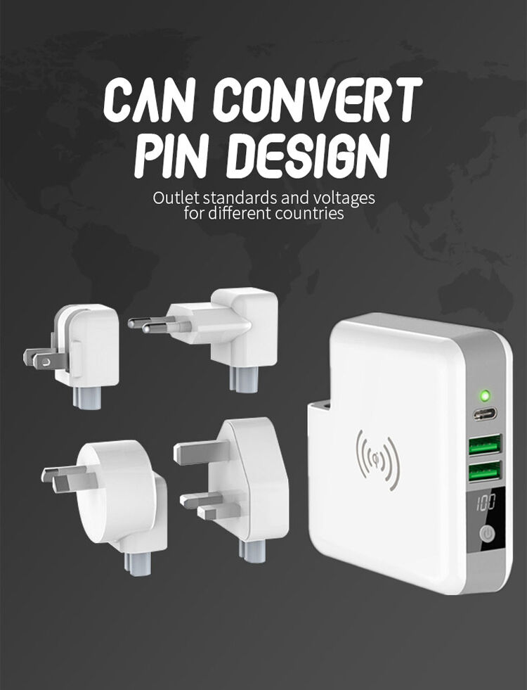 Nabíjačka / powerbanka 6700 mAh s výmennými zástrčkami (AU/UK/US/EÚ) a bezdrôtovým nabíjaním