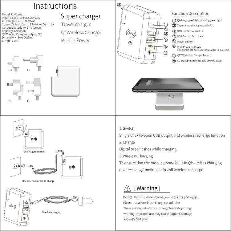 Nabíjačka / powerbanka 6700 mAh s výmennými zástrčkami (AU/UK/US/EÚ) a bezdrôtovým nabíjaním Nabíjačka / powerbanka 6700 mAh s výmennými zástrčkami (AU/UK/US/EÚ) a bezdrôtovým nabíjaním