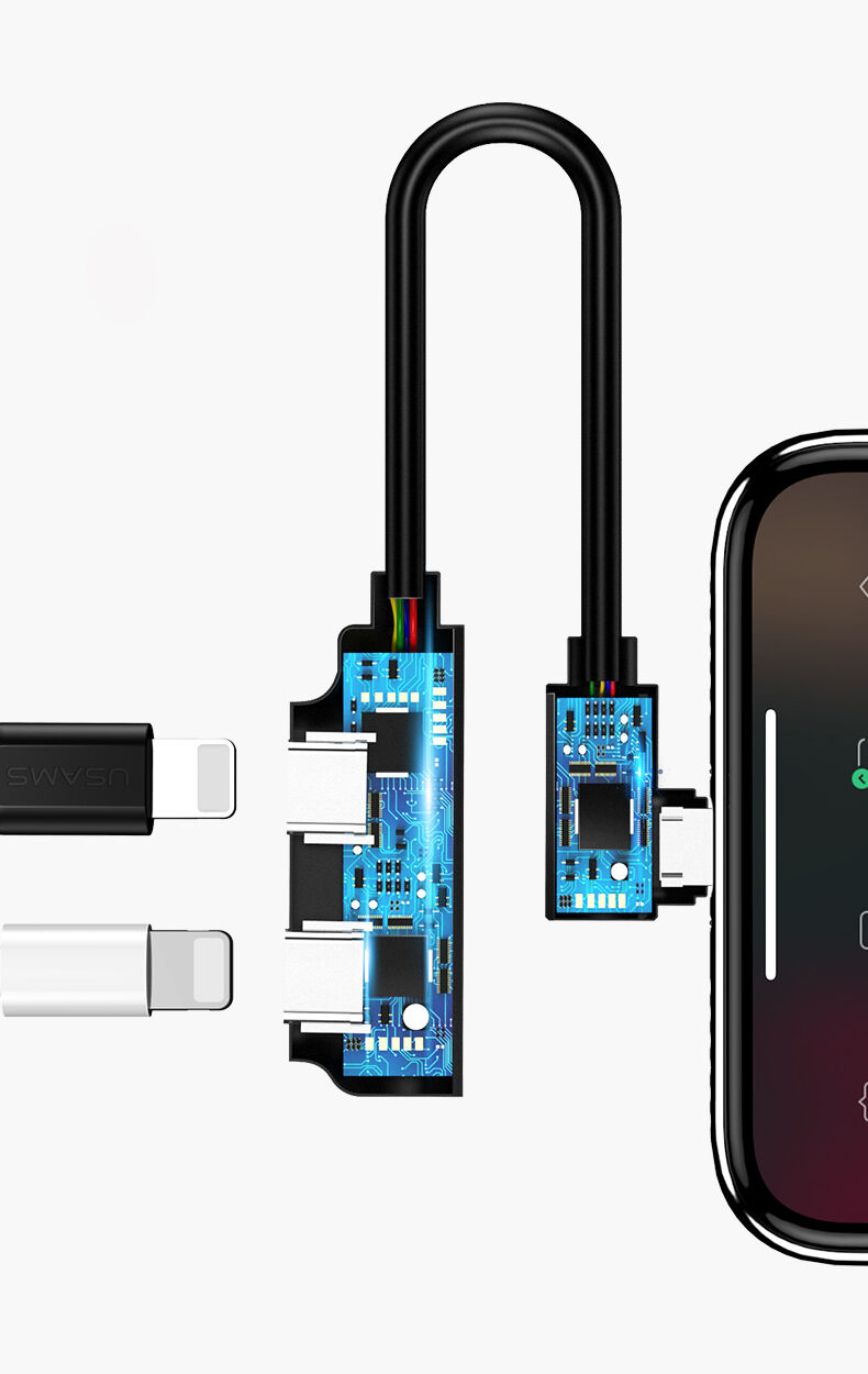 USAMS redukcia s dvoma lightning konektormi pre iPhone – čierna