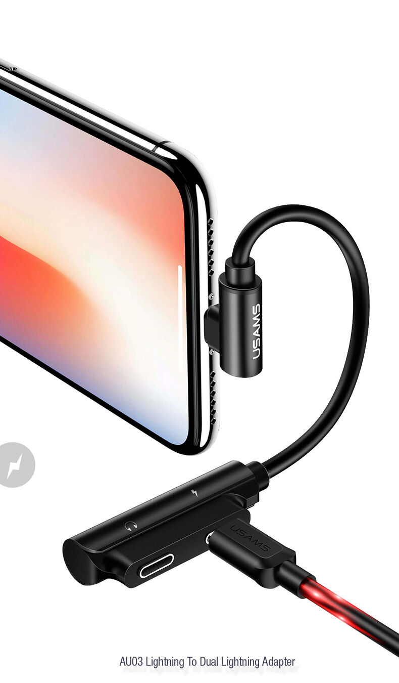 USAMS redukcia s dvoma lightning konektormi pre iPhone – čierna