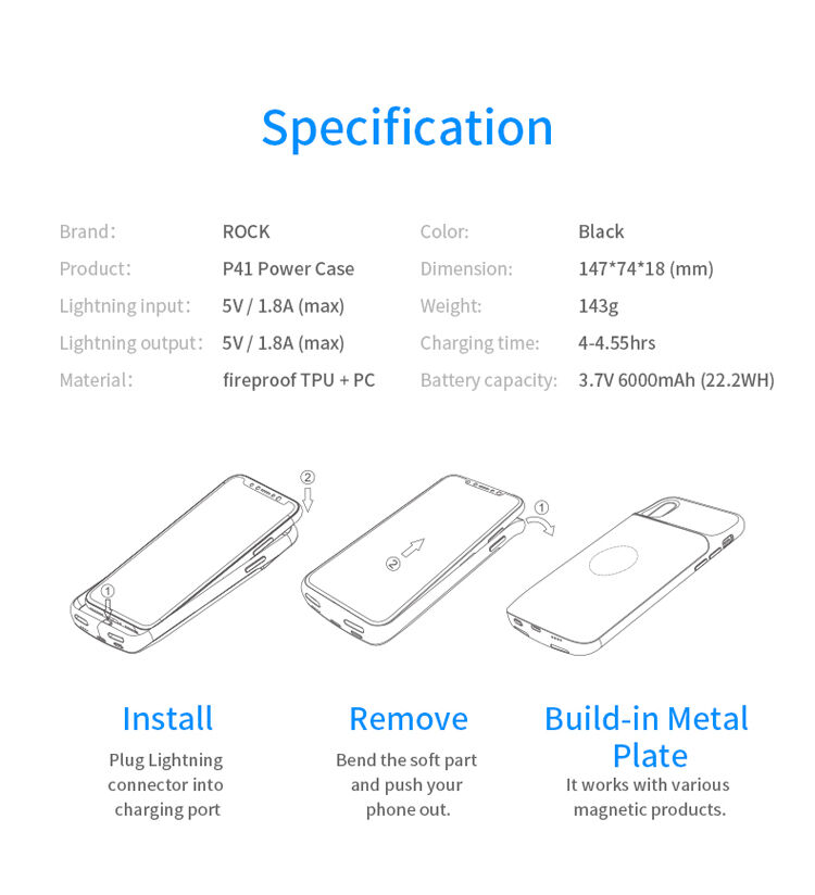 ROCK kryt s batériou 6000 mAh pre iPhone XS / iPhone X – čierny