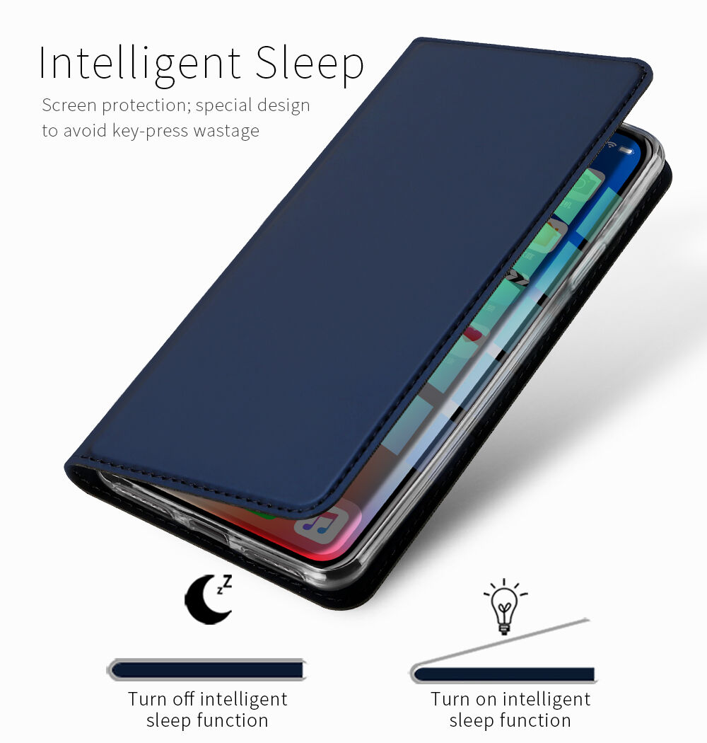 DUX DUCIS Puzdro so stojančekom a priehradkami na doklady pre Apple iPhone XS / iPhone X – tmavomodrá