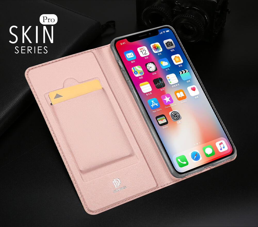DUX DUCIS Puzdro so stojančekom a priehradkami na doklady pre Apple iPhone XS / iPhone X – tmavomodrá