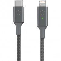 Belkin Boost Charge LED opletený kábel s konektormi USB-C / Lightning – 1,2m - strieborný
