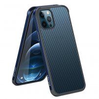 Kryt s textúrou karbónových vlákien a ochranným rámčekom pre iPhone 12 mini - tmavomodrý