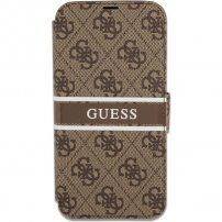 Guess 4G Printed Stripe flipové puzdro pre iPhone 13 - hnedé