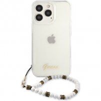 Guess Script and White Pearls kryt s bielymi korálikmi pre iPhone 13 Pro Max - číry
