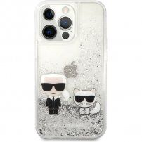Karl Lagerfeld Liquid Glitter Karl and Choupette kryt pre iPhone 13 Pro Max - strieborný