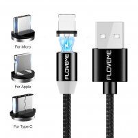 FLOVEME Round magnetický kábel USB-A / USB-C/Micro USB/Lightning pre iPhone / iPad / iPod / AirPods - 1 m - čierna