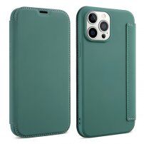 Peňaženkové puzdro zo silikónu a PU kože pre iPhone 13 Pro - tmavozelené