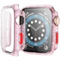 Ochranné trblietavé puzdro s tvrdeným sklom pre Apple Watch 44mm - ružové