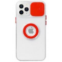 Transparentný kryt s držiakom na prst a krytkou kamery pre iPhone 13 Pro Max - červený
