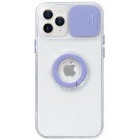 Transparentný kryt s držiakom na prst a krytkou kamery pre iPhone 13 Pro Max - fialový