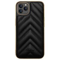 Ochranný kryt z PU kože s pokovenou hranou pre iPhone 13 Pro - čierny