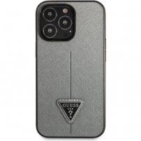 Guess Saffiano Triangle kryt pre iPhone 13 Pro - strieborný