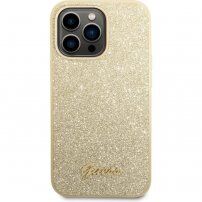 Guess Glitter Flakes Metal Logo trblietavý kryt pre iPhone 14 Pro Max - zlatý
