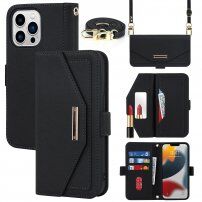 Flipové puzdro s popruhom v štýle listovej kabelky pre iPhone 14 Pro - čierne