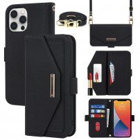 Flipové puzdro s popruhom v štýle listovej kabelky pre iPhone 12 / 12 Pro - čierne