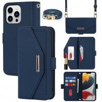 Flipové puzdro s popruhom v štýle listovej kabelky pre iPhone 13 Pro - modré