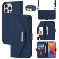 Flipové puzdro s popruhom v štýle listovej kabelky pre iPhone 12 Pro Max - modré