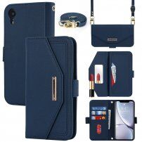 Flipové puzdro s popruhom v štýle listovej kabelky pre iPhone XR - modré