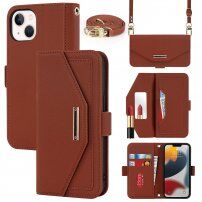 Flipové puzdro s popruhom v štýle listovej kabelky pre iPhone 13 - hnedé