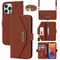 Flipové puzdro s popruhom v štýle listovej kabelky pre iPhone 12 / 12 Pro - hnedé