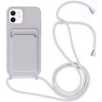 Silikónový kryt so šnúrkou a kapsou na karty pre iPhone 11 - sivý