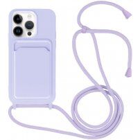 Silikónový kryt so šnúrkou a kapsou na karty pre iPhone 13 Pro - fialový