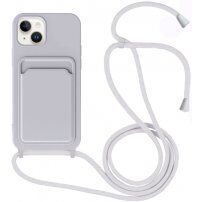 Silikónový kryt so šnúrkou a kapsou na karty pre iPhone 14 Plus - sivý