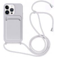 Silikónový kryt so šnúrkou a kapsou na karty pre iPhone 14 Pro - sivý