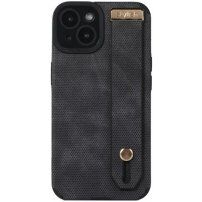 Kožený kryt s pútkom na ruku pre iPhone 13 - čierny
