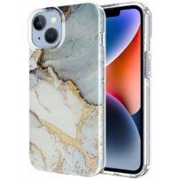 Mramorový trblietavý kryt pre iPhone 14 - sivo-zlatý