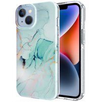 Mramorový trblietavý kryt pre iPhone 14 Plus - tyrkysový