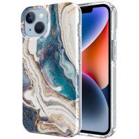 Mramorový trblietavý kryt pre iPhone 14 Plus - tyrkysovo-zlatý