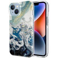 Mramorový trblietavý kryt pre iPhone 14 Plus - tmavomodrý