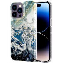 Mramorový trblietavý kryt pre iPhone 14 Pro Max - tmavomodrý