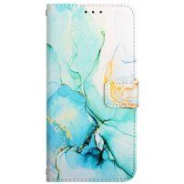 Mramorové flipové puzdro z PU kože pre iPhone 14 Plus - tyrkysové