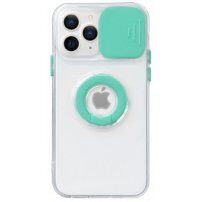 Transparentný kryt s držiakom na prst a krytkou kamery pre iPhone 14 Pro - tyrkysový