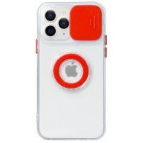Transparentný kryt s držiakom na prst a krytkou kamery pre iPhone 14 Pro Max - červený