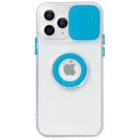 Transparentný kryt s držiakom na prst a krytkou kamery pre iPhone 14 Pro Max - modrý