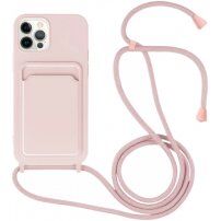 Silikónový kryt so šnúrkou a kapsou na karty pre iPhone 11 Pro Max - ružový