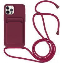 Silikónový kryt so šnúrkou a kapsou na karty pre iPhone 11 Pro Max - vínový