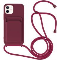 Silikónový kryt so šnúrkou a kapsou na karty pre iPhone 12 / 12 Pro - vínový