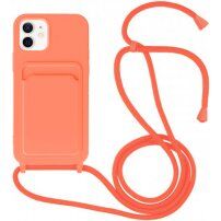 Silikónový kryt so šnúrkou a kapsou na karty pre iPhone 12 / 12 Pro - neónovo oranžový