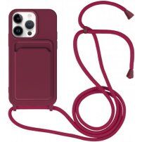 Silikónový kryt so šnúrkou a kapsou na karty pre iPhone 13 Pro Max - vínový