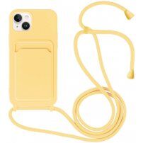 Silikónový kryt so šnúrkou a kapsou na karty pre iPhone 14 - žltý