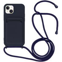 Silikónový kryt so šnúrkou a kapsou na karty pre iPhone 14 Plus - tmavomodrý